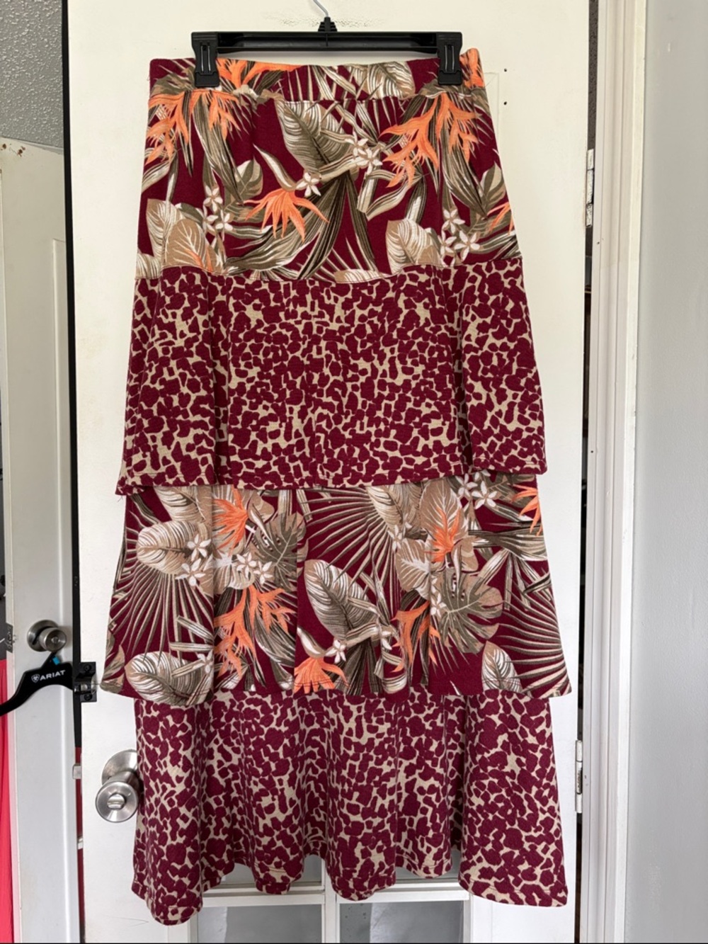 Cato Floral & Animal Print Maxi Skirt in Burgundy, Orange, Cream - Picture 5 of 6